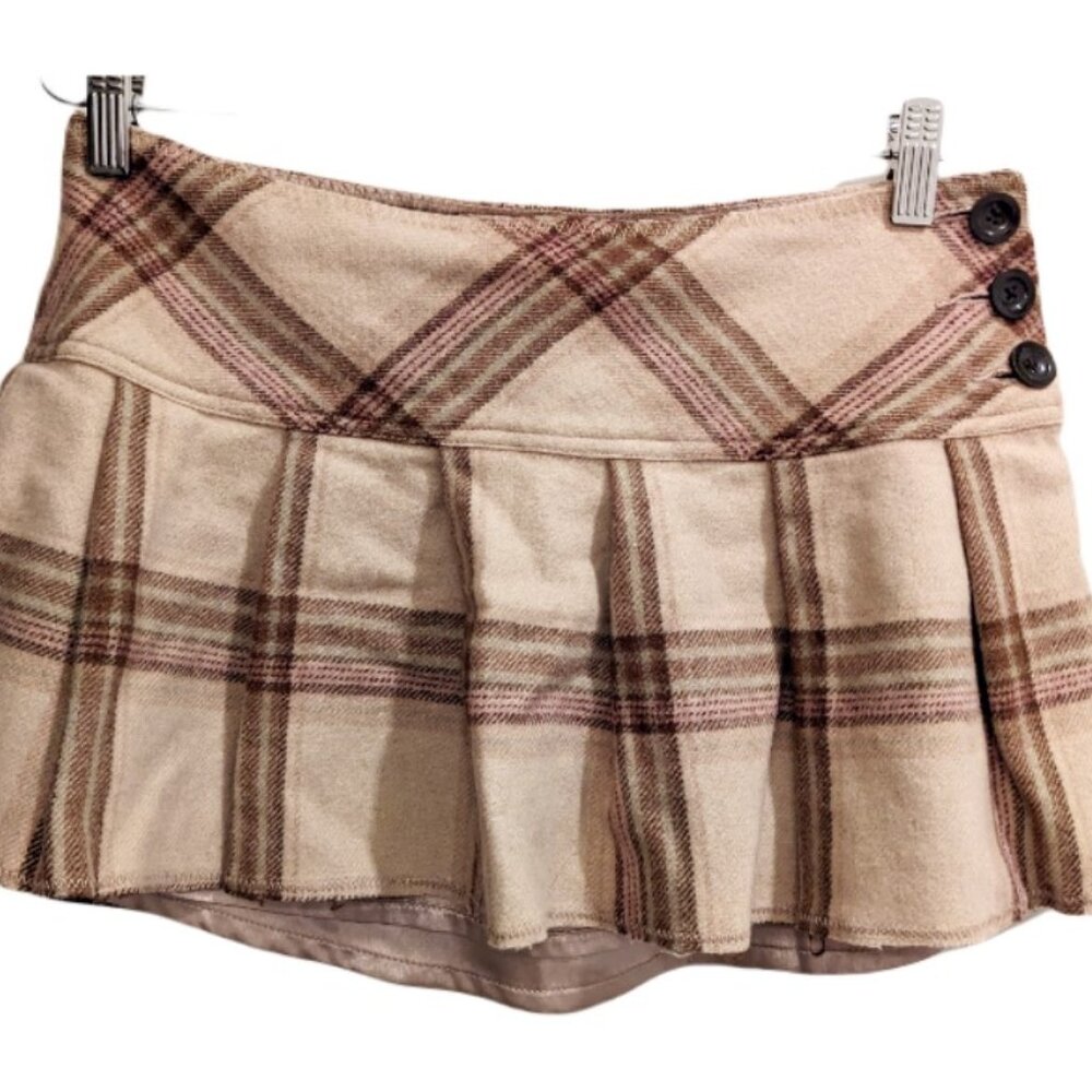 Wool blend tan plaid mini skirt with lining - Size 2 - Side button up, pleated